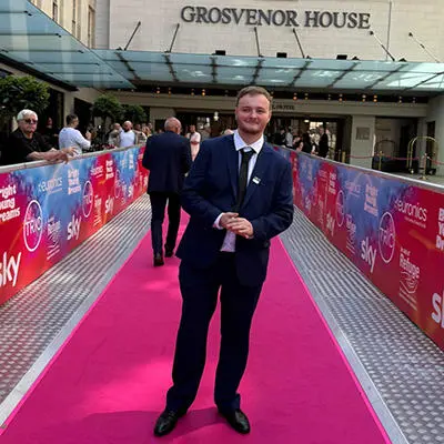 Will Swain in front of Grosvenor House for an award ceremony