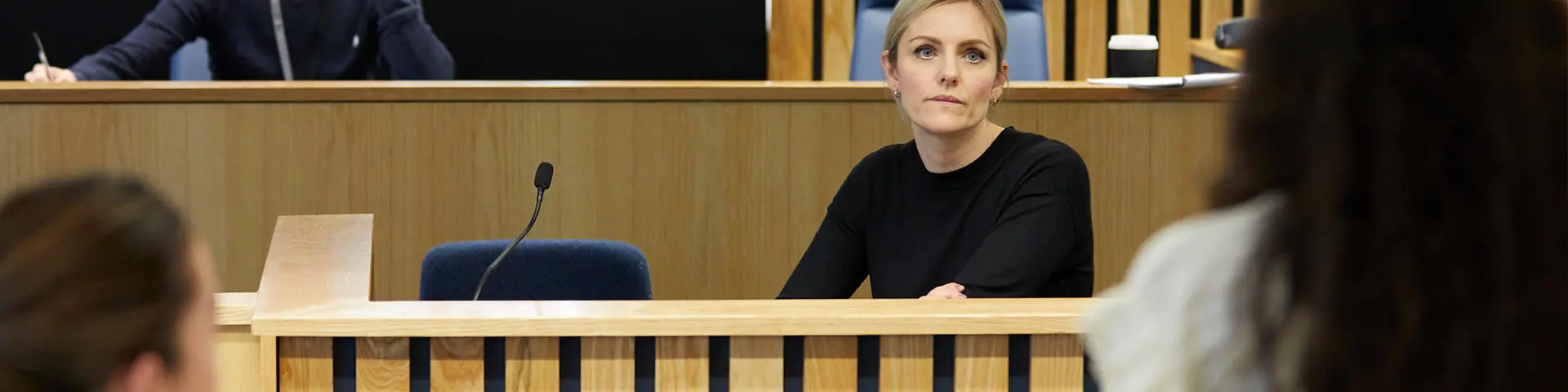 Students questioning a witness during a mock trial in our specialist courtroom