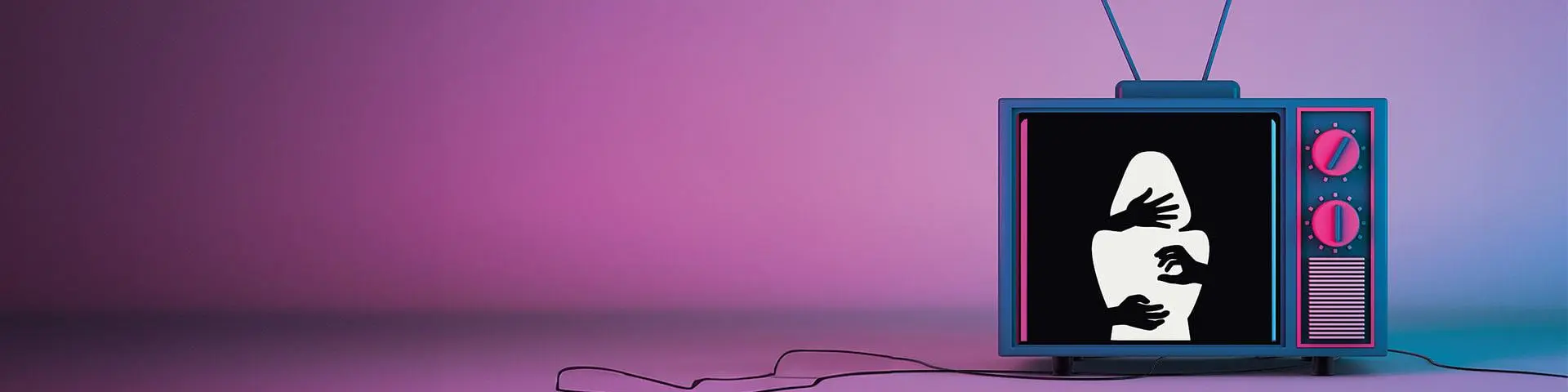 A TV with a silhouette of a woman, against a purple background. 