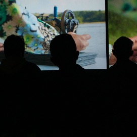 Students watching Helen Crammock: Concrete Feathers and Porcelain Tacks at The Photographer’s Gallery