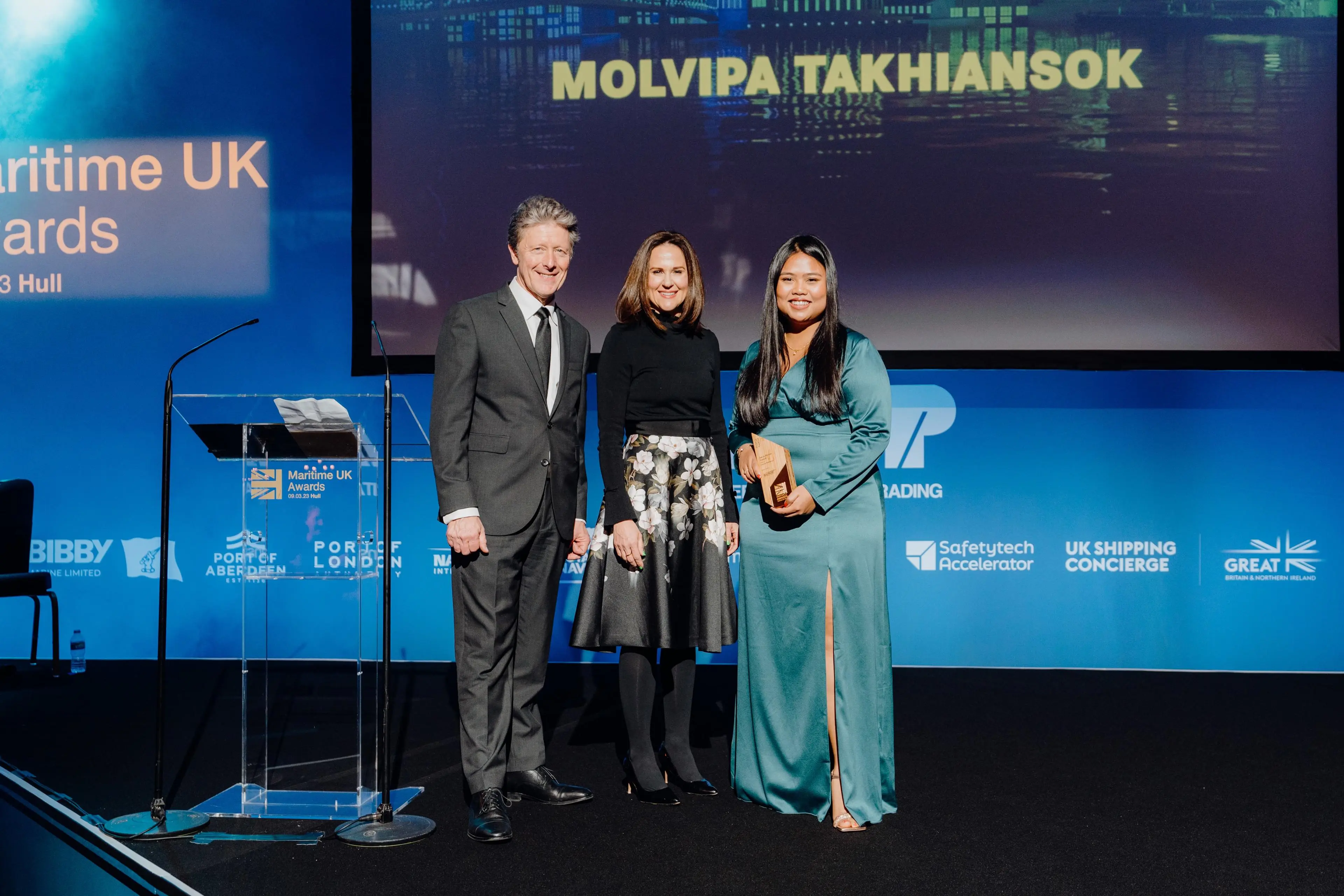 Molly on stage accepting her Maritime UK Bevis Minter Award