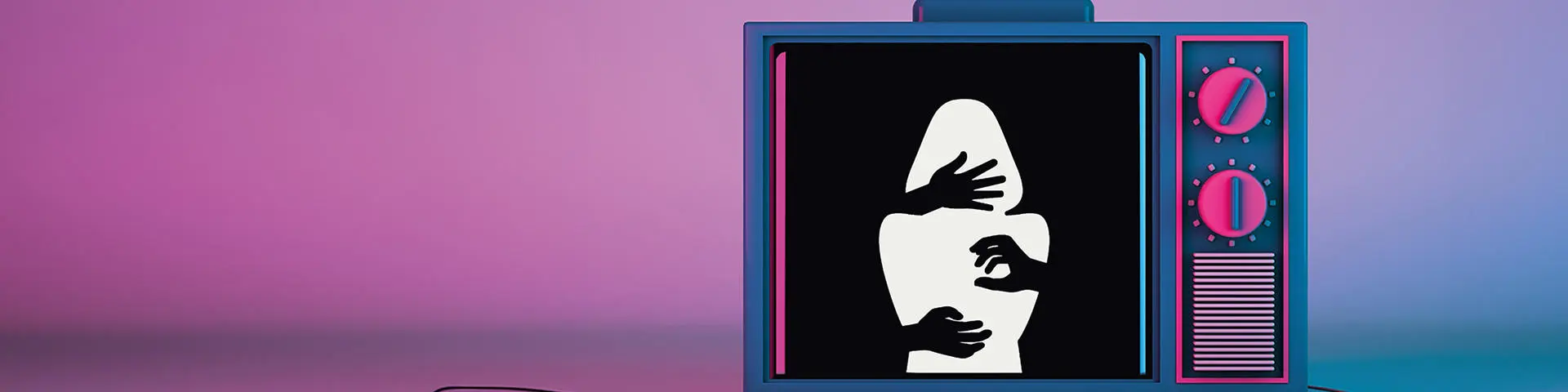 A TV showing a silhouette of a woman against a purple background. 