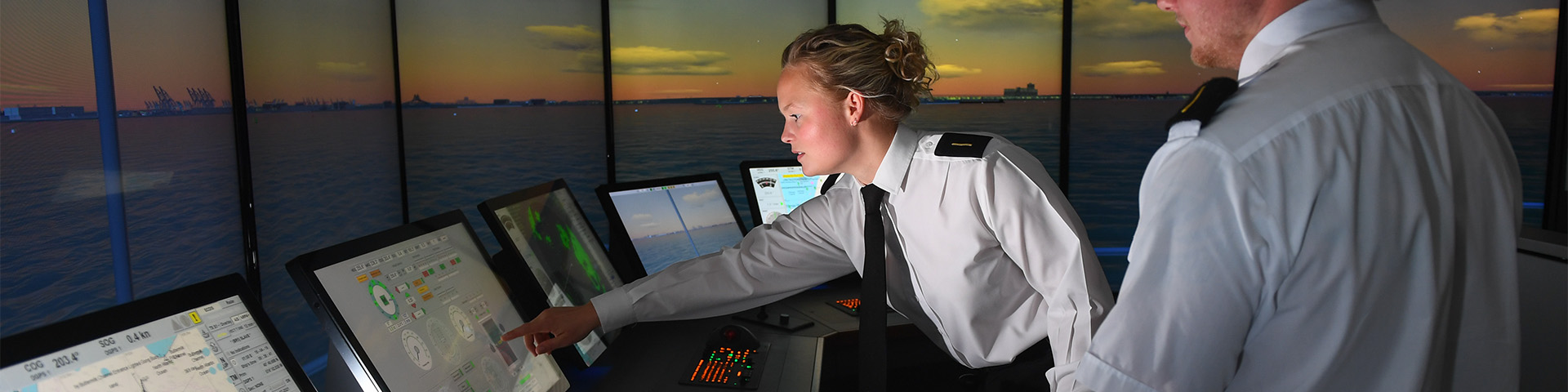 A female cadet in the Maritime Simulation Centre at Warsash Maritime School. 