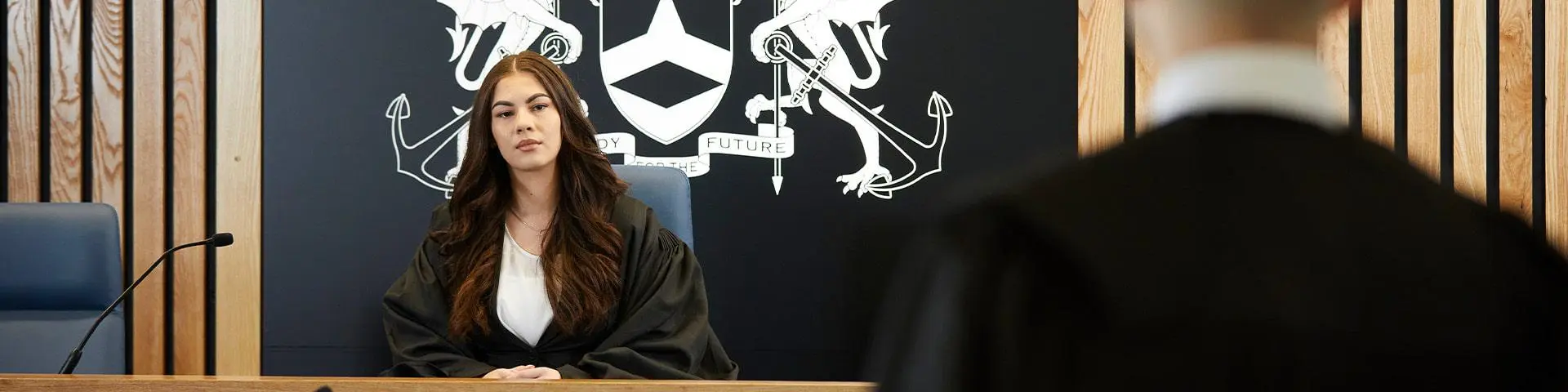 A Solent law student in the University's Moot Room. 