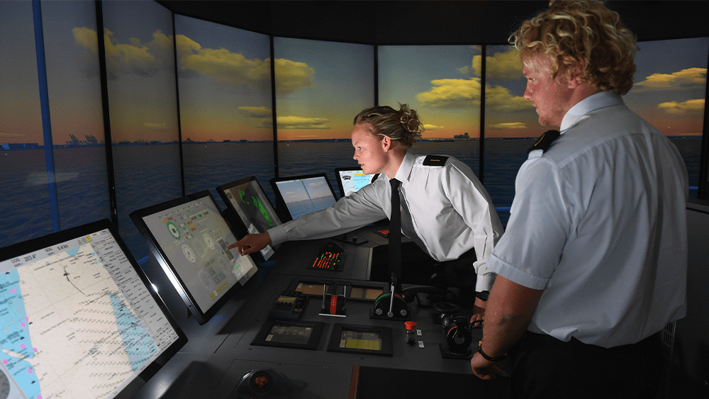 Deck cadets using the bridge simulator