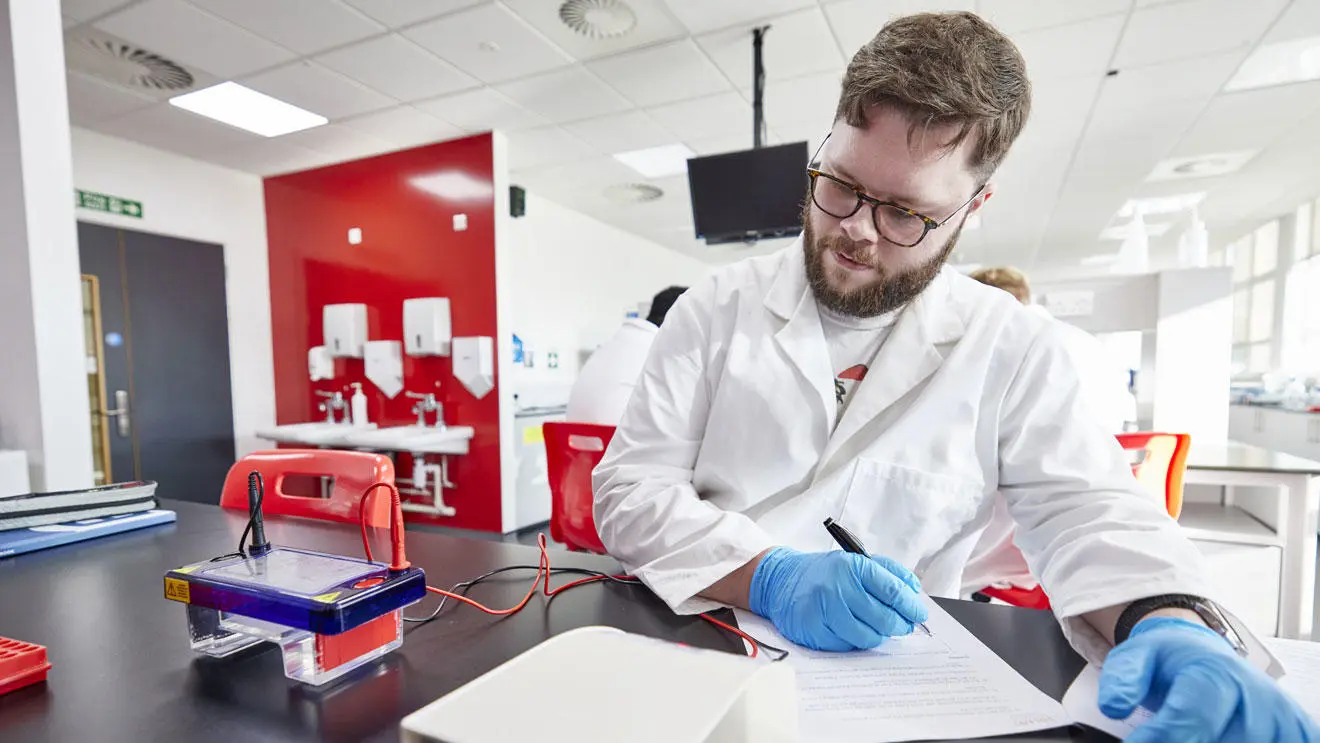 A biomedical science student working in the lab