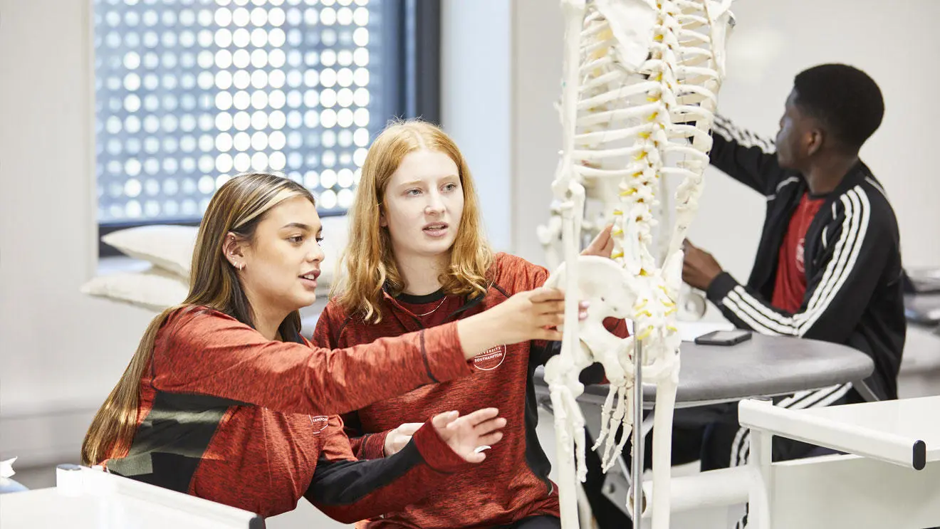 Students looking at a skeleton