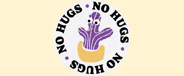 Image of Nina Hausecker's work showing a purple cartoon cactus surrounded by the words 'no hugs'