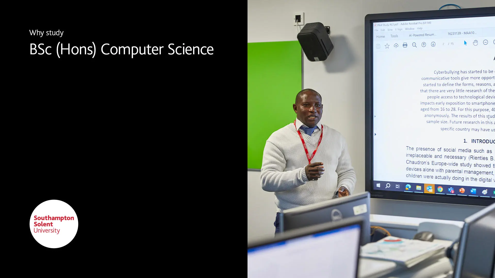 text title shows, "Why study BSc Hons Computer Science", alongside an image of an academic teaching in class. 