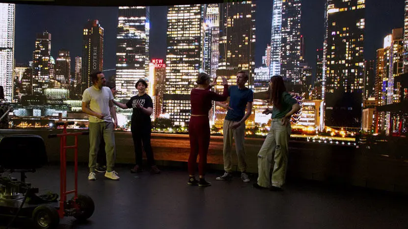 Acting students using the virtual production stage
