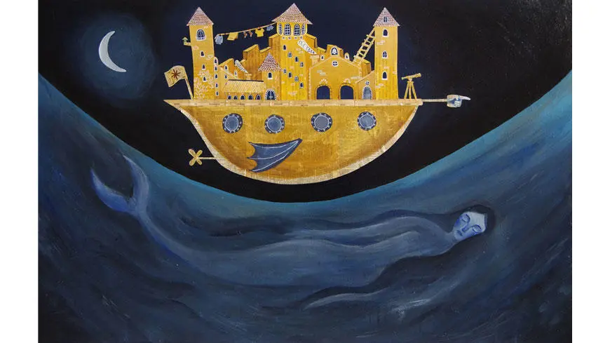 Agata Hendzel's competition submission of a painting of a gold ship on a dark blue sea