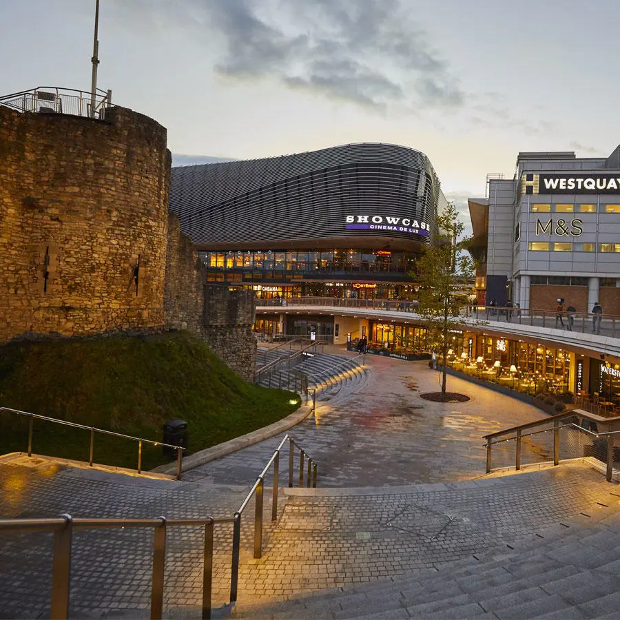 The old city walls and Westquay shopping centre