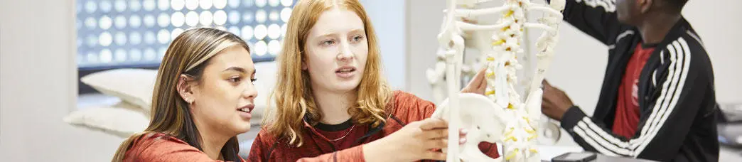 Sports therapy students with a skeleton